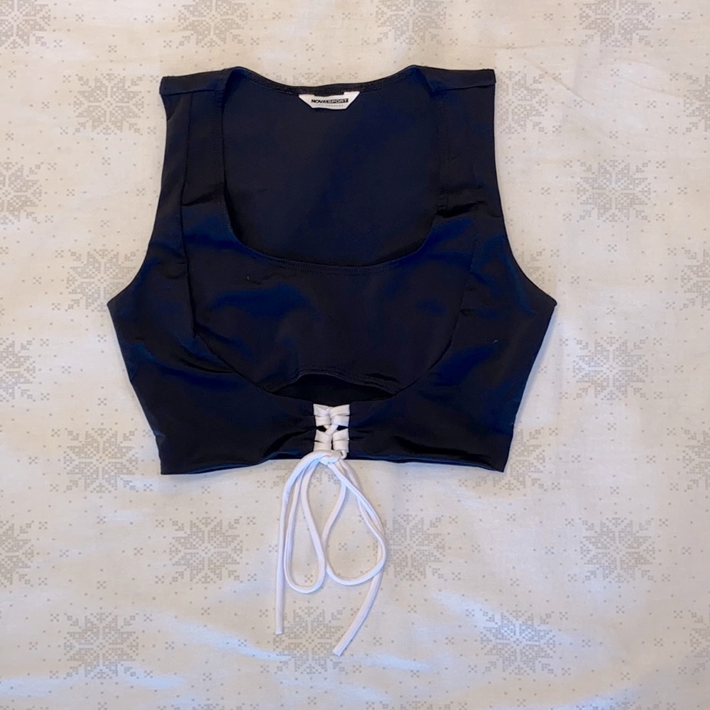 black, athletic, peek-a-bo, front tying, crop top